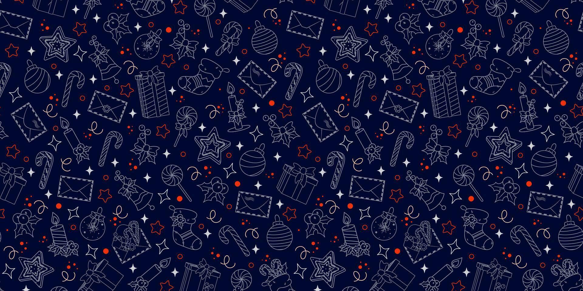Vector seamless pattern with outline symbols of Christmas and New Year. Illustration on dark blue background. Festive wallpapers