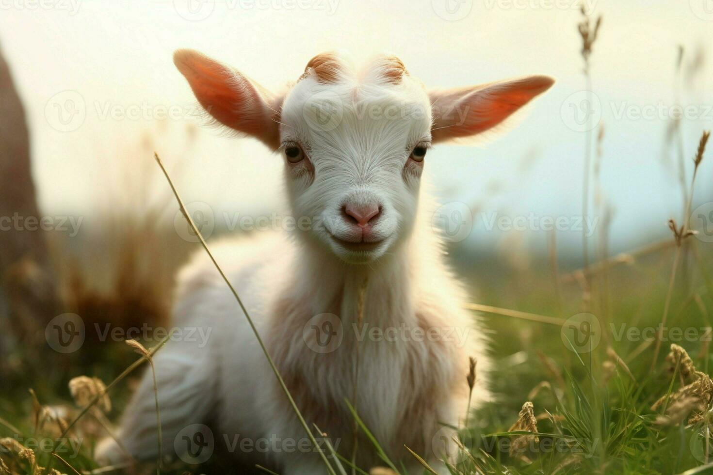 AI generated Cute Little baby goat in the field AI Generated photo