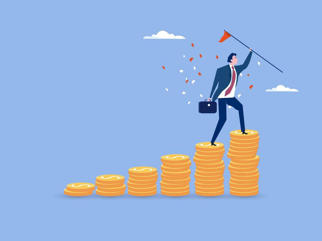 Financial success, reaching financial freedom, money achievement or earning profit or savings or investment goal concept, success businessman holding winning flag on top of money coins stack. vector