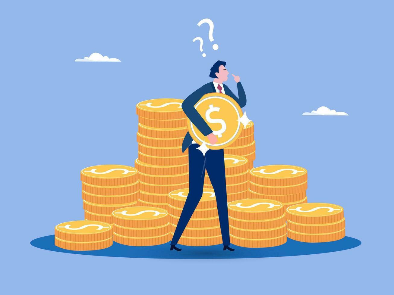 Money question, where to invest, pay off debt or invest to earn profit, financial choice or alternative to make decision concept, businessman investor holding money coin thinking about investment. vector