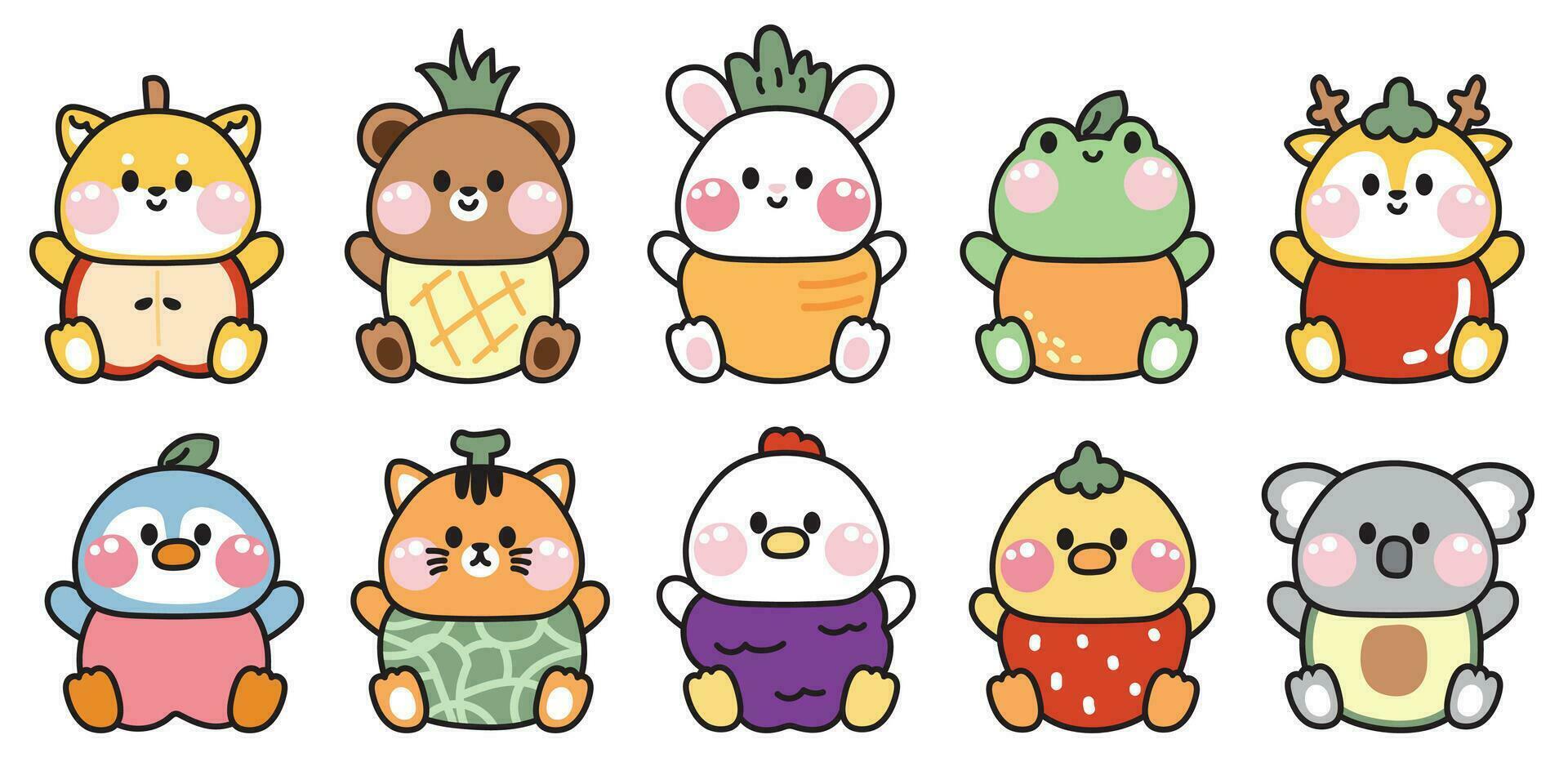 Set of cute animals in fruit and vegetable costume on white background.Animal character cartoon design.Wild,farm,pet hand drawn.Kawaii.Vector.Illustration. vector
