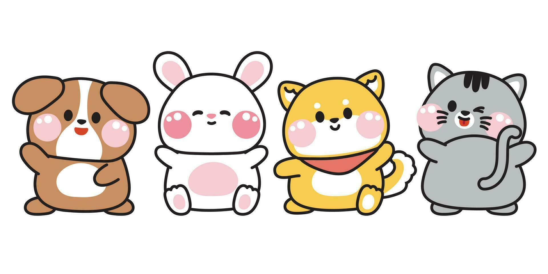 Set of cute cheerful animals cartoon character design.Pet.Zoo.Variouse poses.Rabbit,Shiba inu dog,cat hand drawn.Image for card,sticker,kid clothing.Kawaii.Vector.Illustration.Illustrator. vector