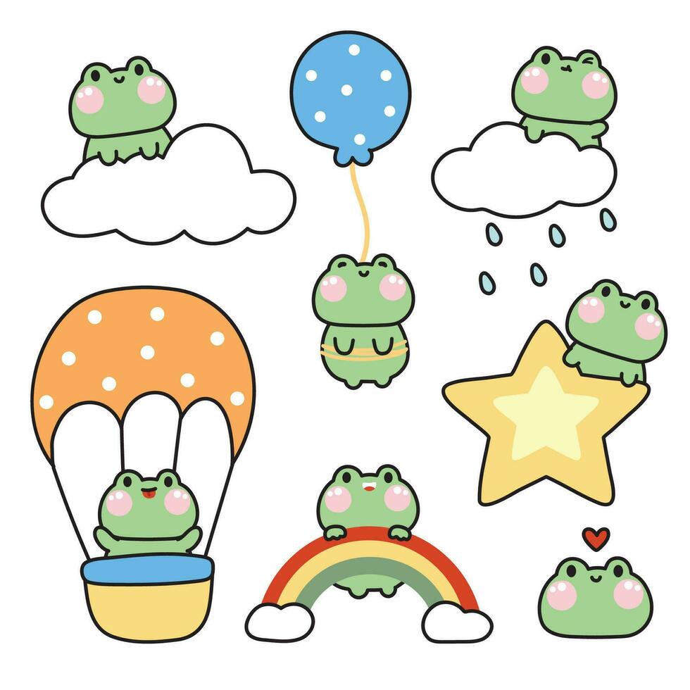 conjunto de linda rana en varios poses.cielo concepto.reptil animal personaje dibujos animados diseño.globo,nube,estrella,arco iris mano ilustración.vectorial.kawaii.dibujada. vector