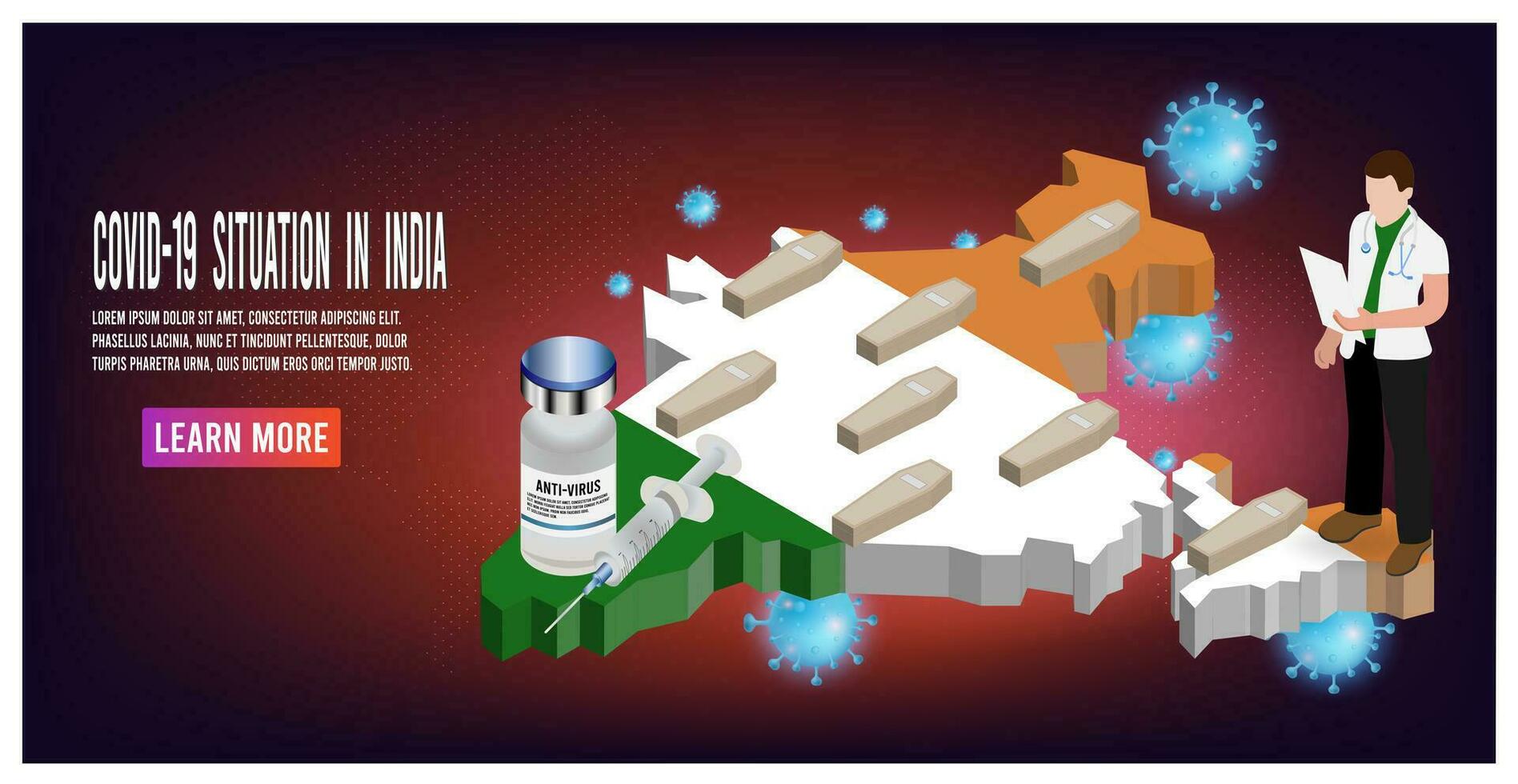 India mapa con covid-19 virus situación, salud cuidado problemas y lucha novela coronavirus concepto. vector ilustración eps10