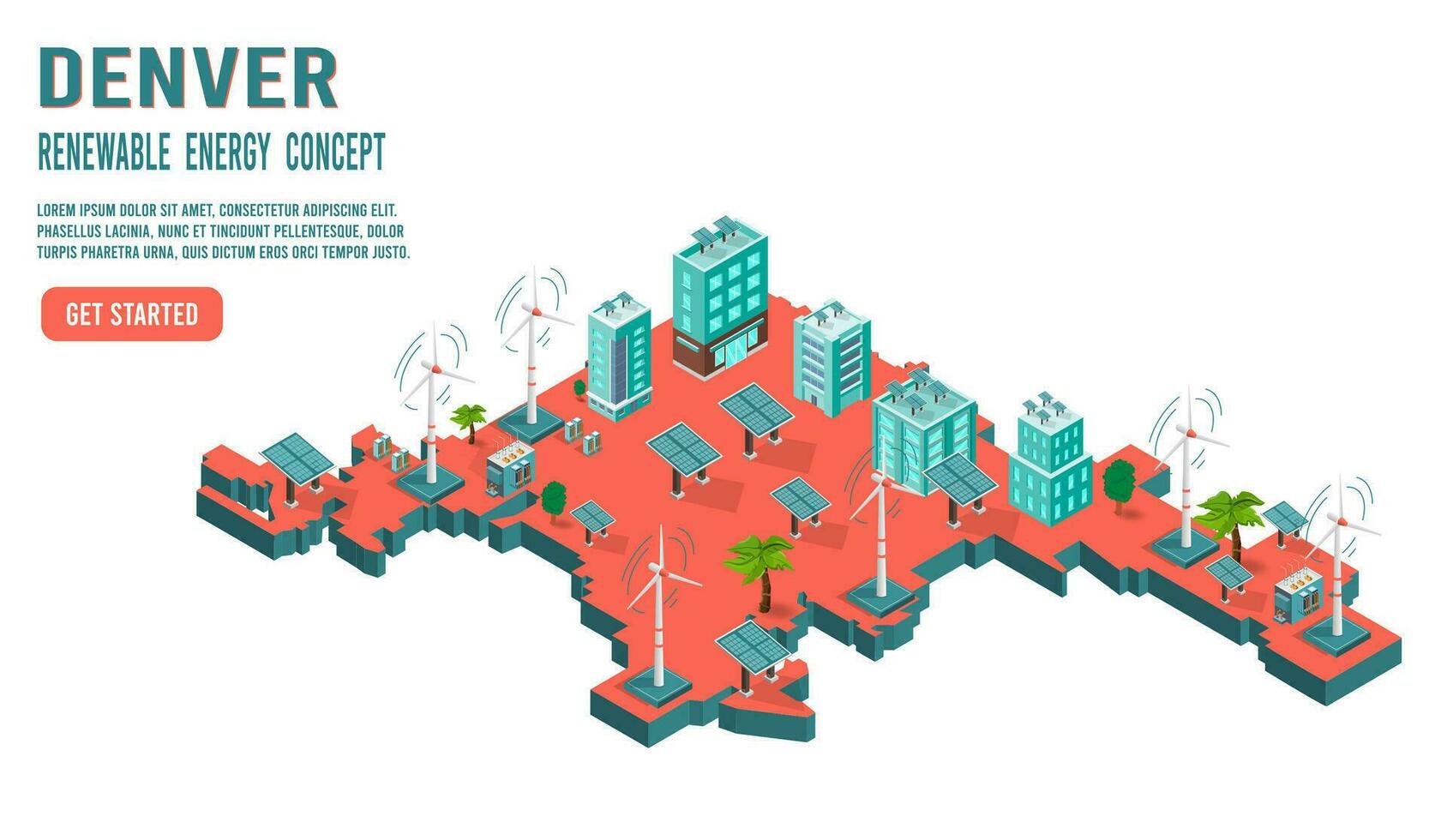 Denver Renewable energy wind turbines with solar panels and sunset on the roof showing clean  and polluting electricity generation production. Flat Isometric Vector Illustration Eps 10.