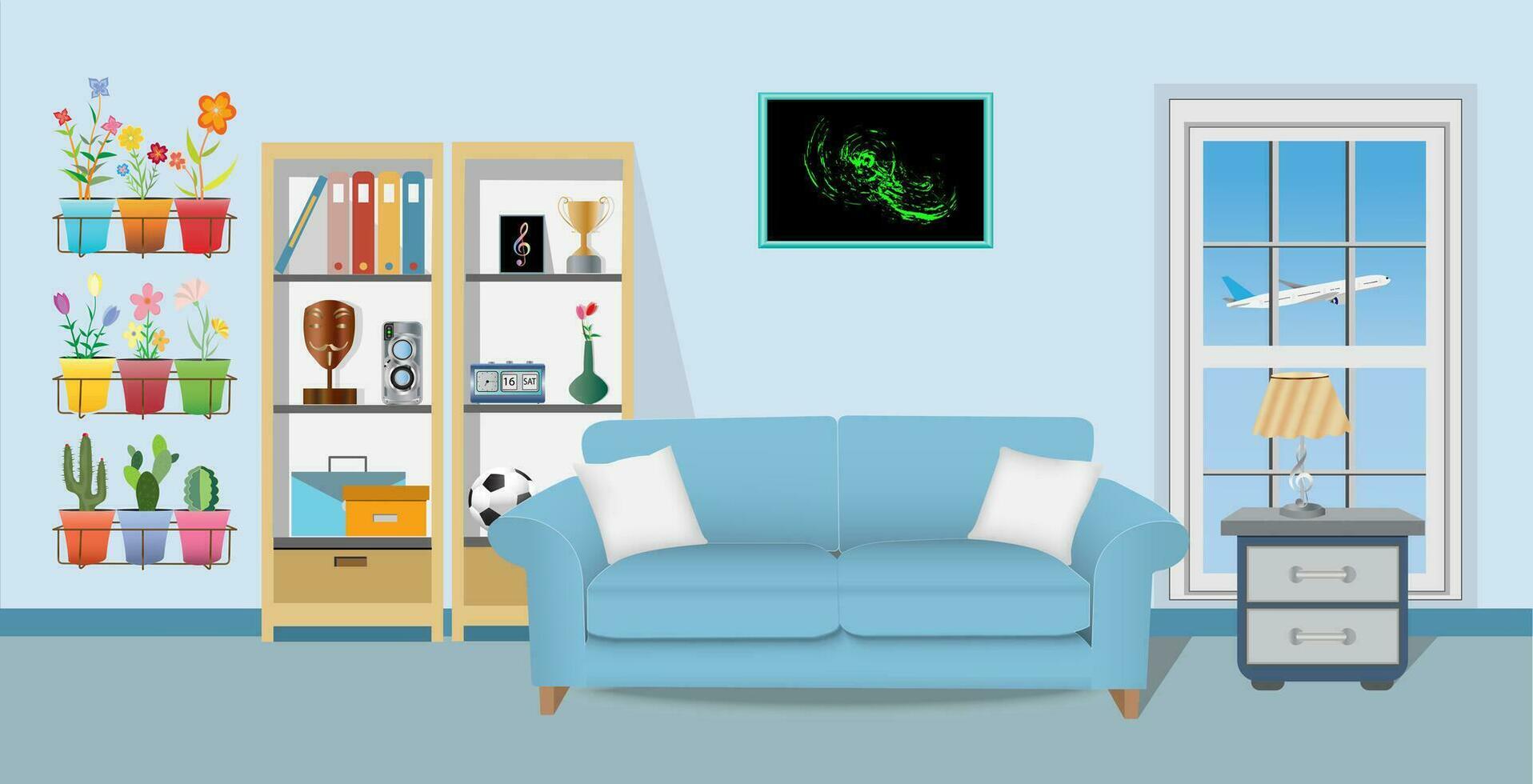 Retro colorful living room interior design. Flat style vector illustration