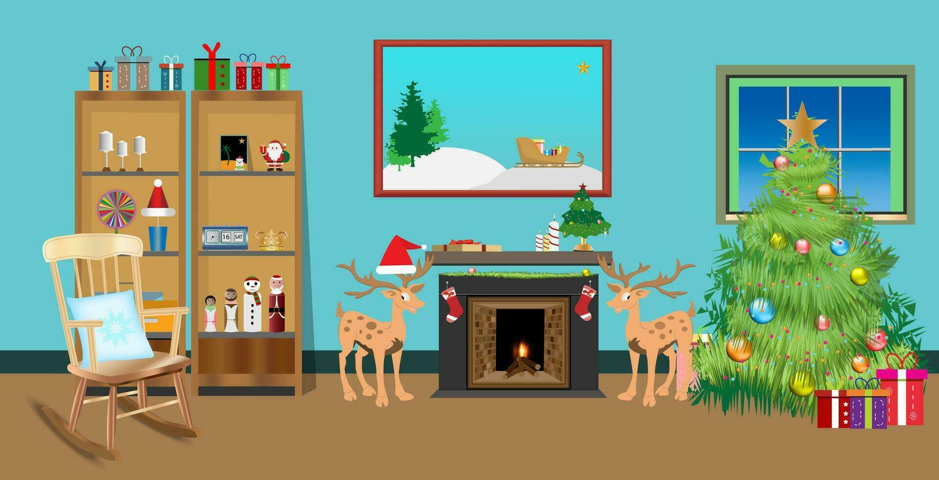 retro Navidad vivo habitación interior diseño. plano estilo vector ilustración