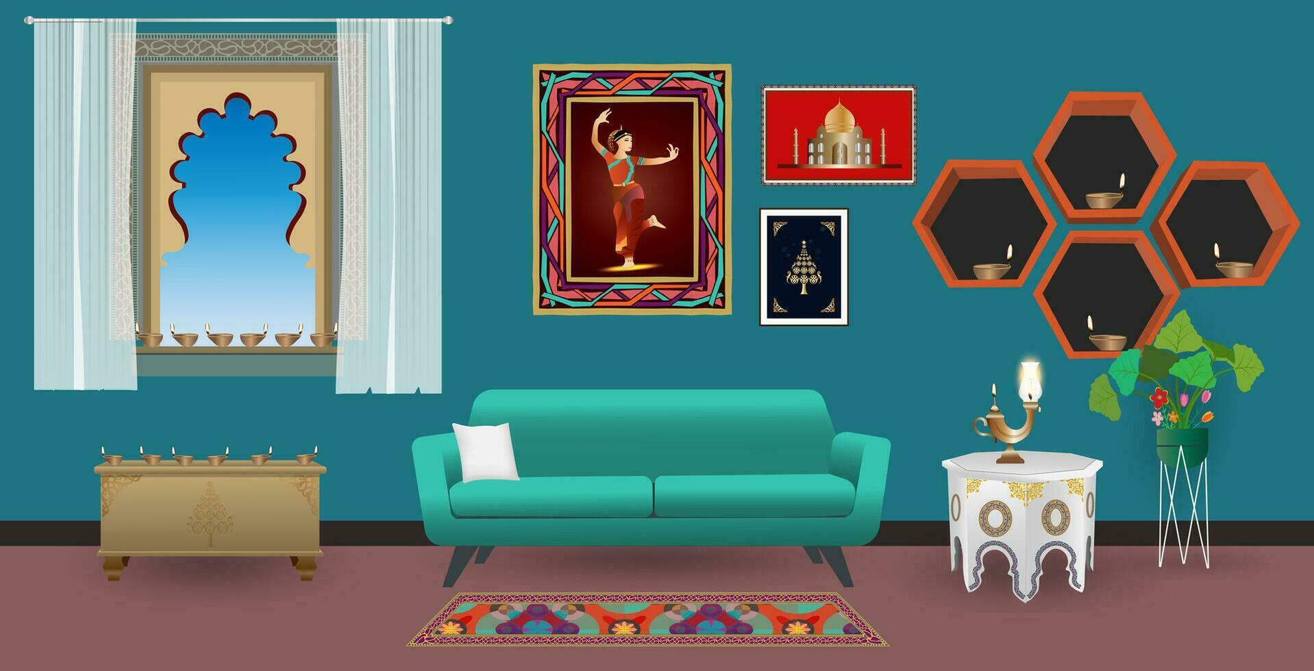 Retro India living room interior design. Flat style vector illustration