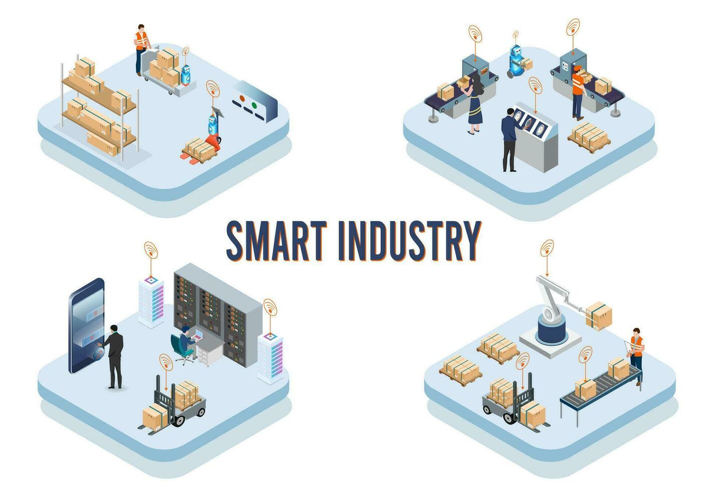 moderno isométrica diseño concepto de inteligente industria con desarrollo producción embalaje, vector