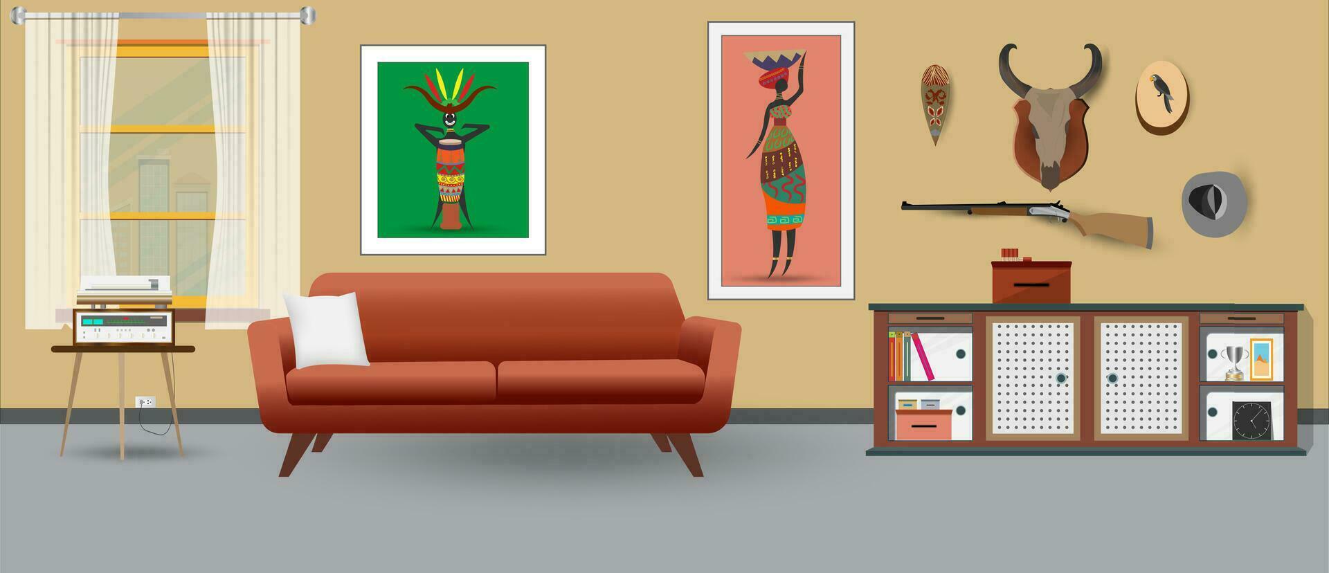 Retro colorful living room interior design. Flat style vector illustration