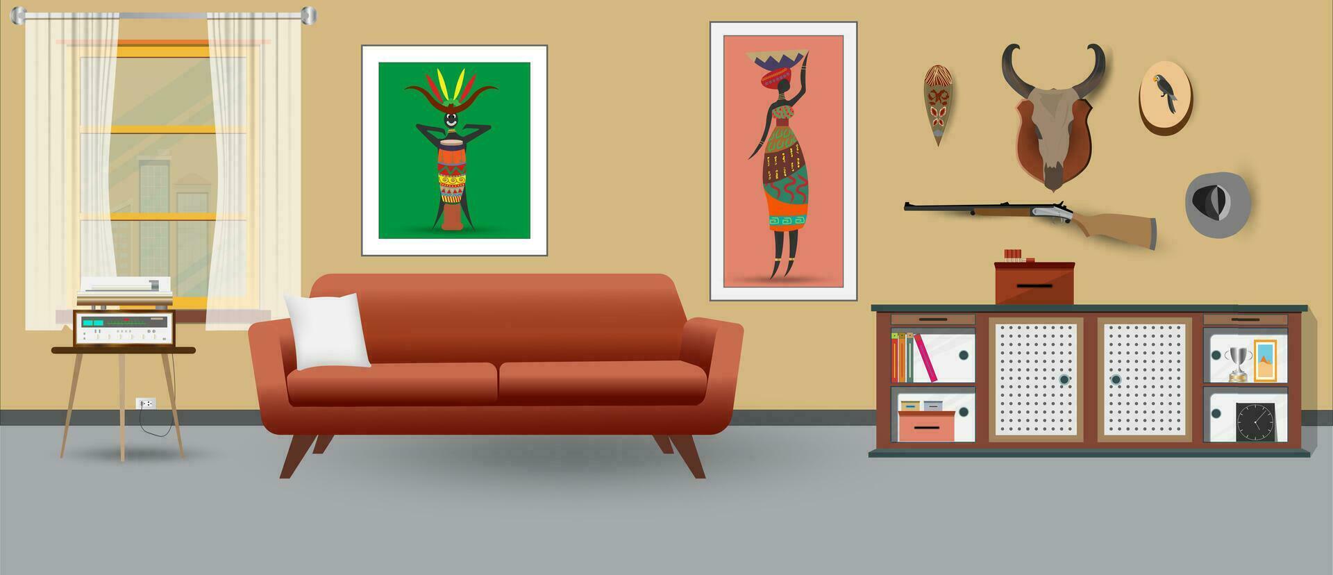 retro vistoso vivo habitación interior diseño. plano estilo vector ilustración