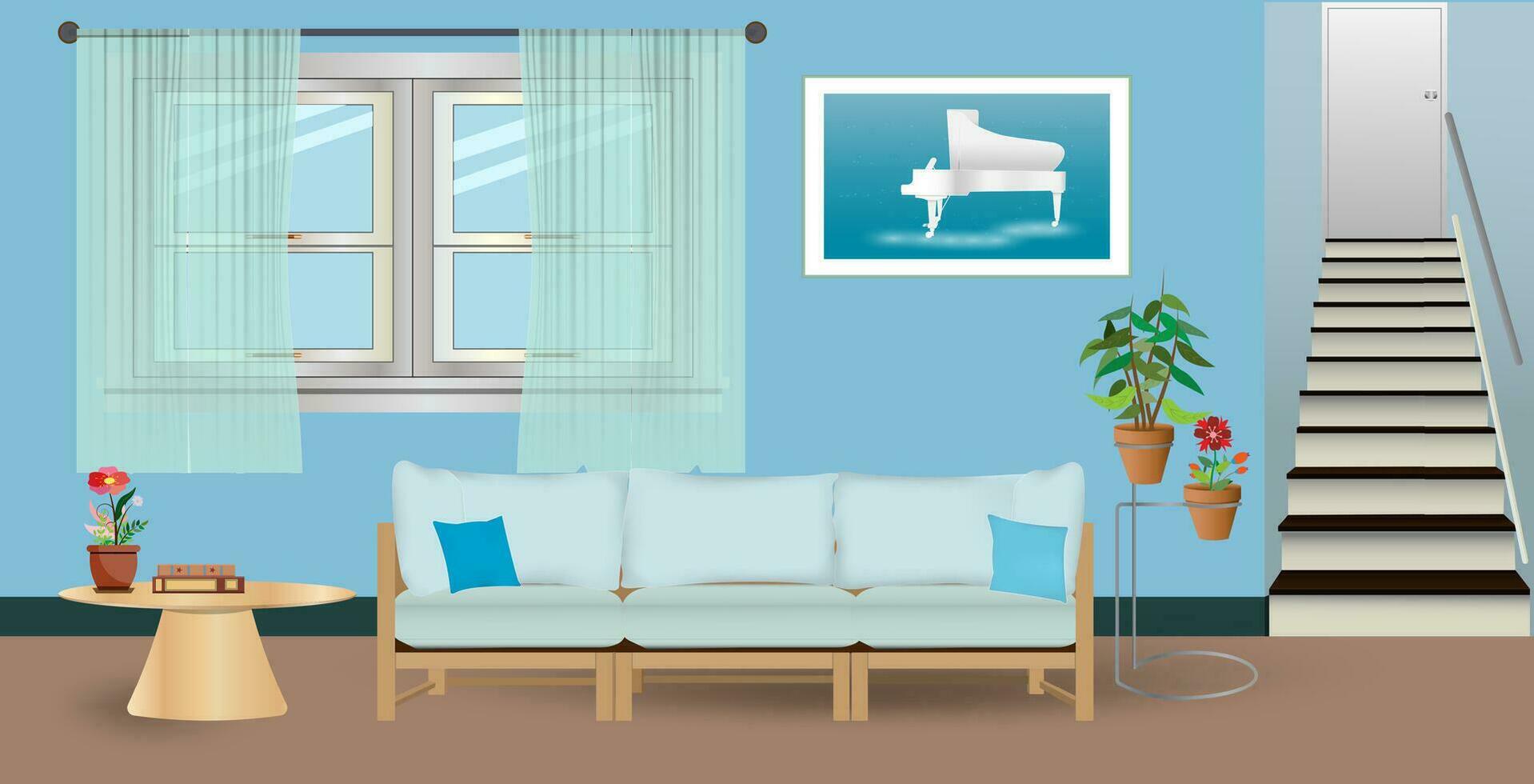 Retro colorful living room interior design. Flat style vector illustration