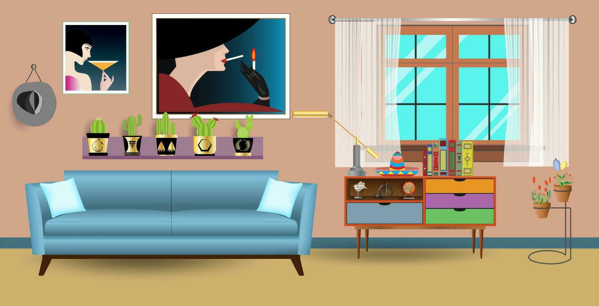 Retro colorful living room interior design. Flat style vector illustration