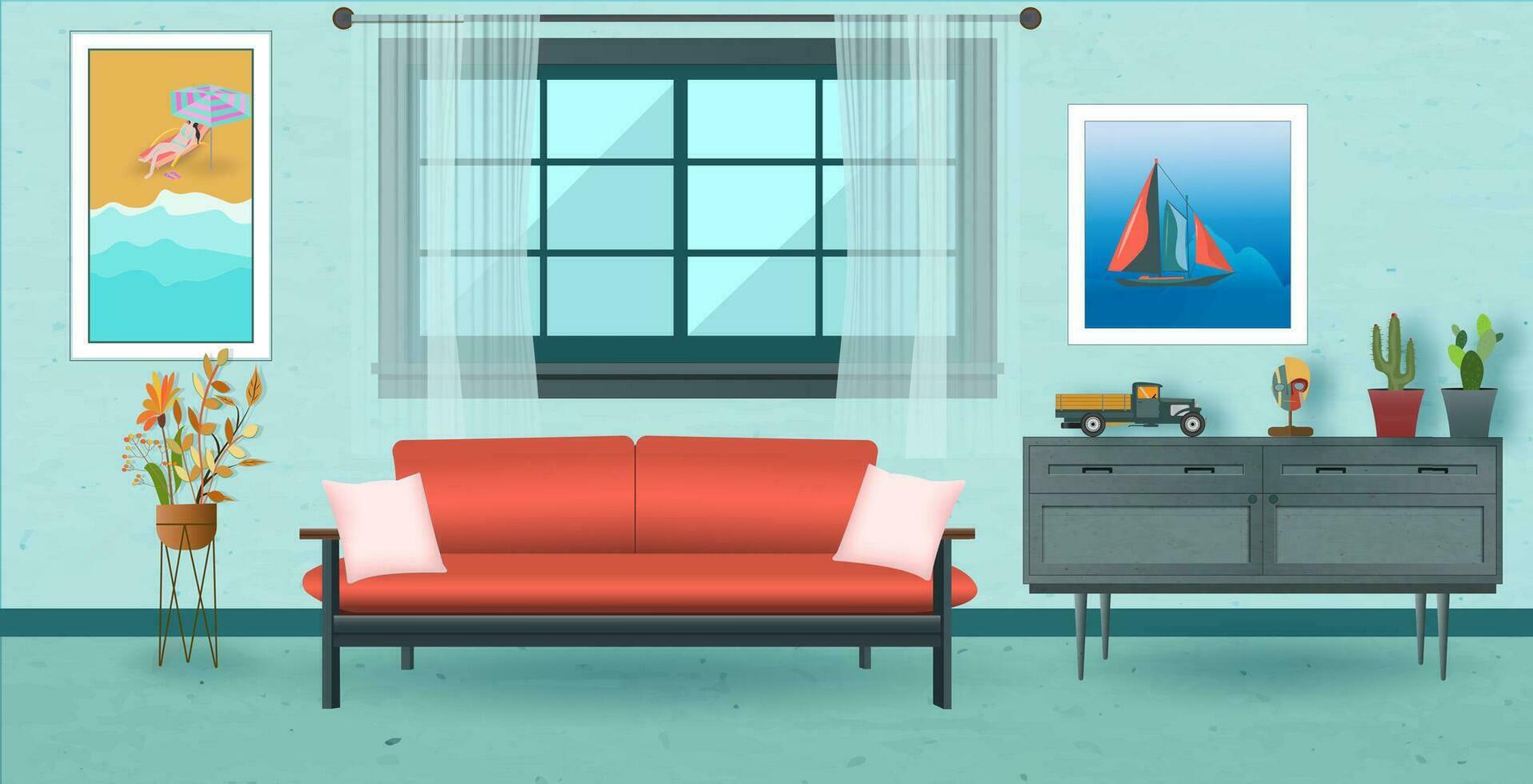 Retro colorful living room interior design. Flat style vector illustration eps10