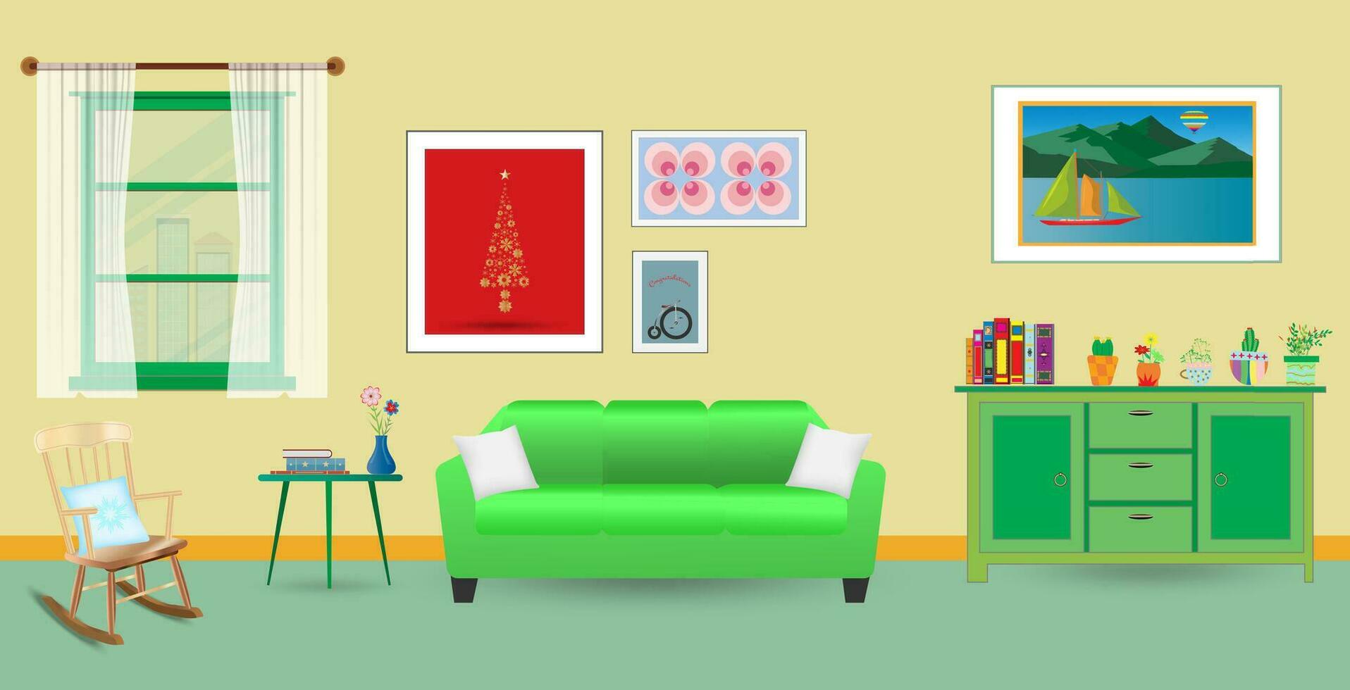 Retro colorful living room interior design. Flat style vector illustration