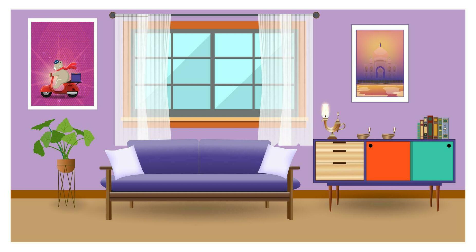 retro vistoso vivo habitación interior diseño. plano estilo vector ilustración eps10