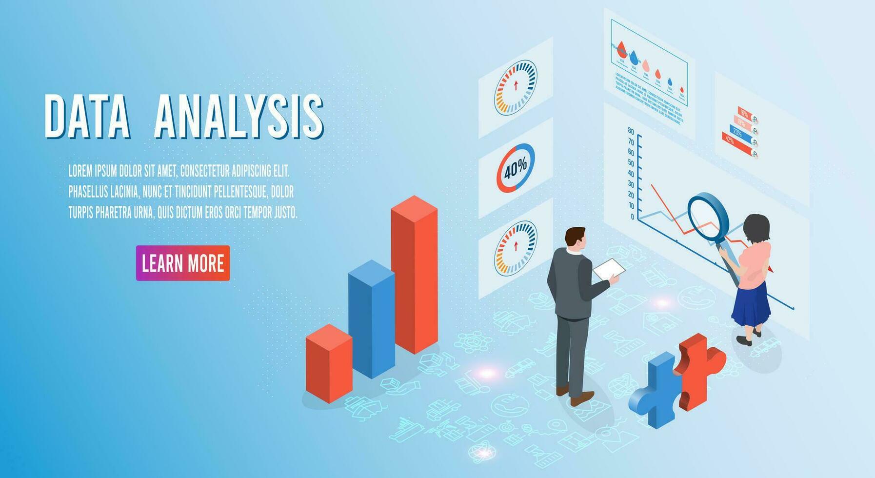 Modern 3d isometric design concept of Data Analysis with business people team working with Data Visualization for website and mobile website. Vector Illustration eps10