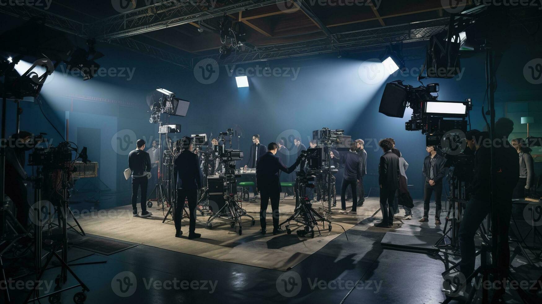 AI generated Production Team Shooting Some Video Movie for TV Commercial with Studio Equipment Set photo