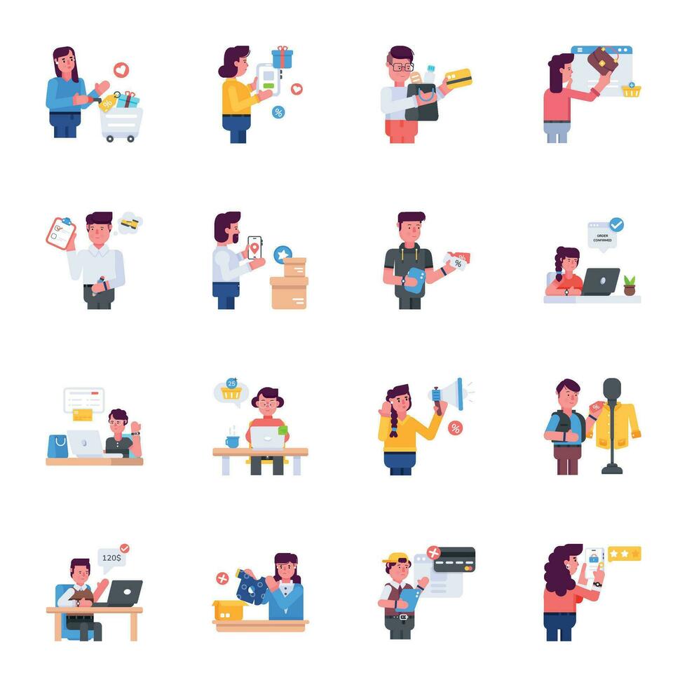 Handy Pack of Ecommerce Flat Characters vector