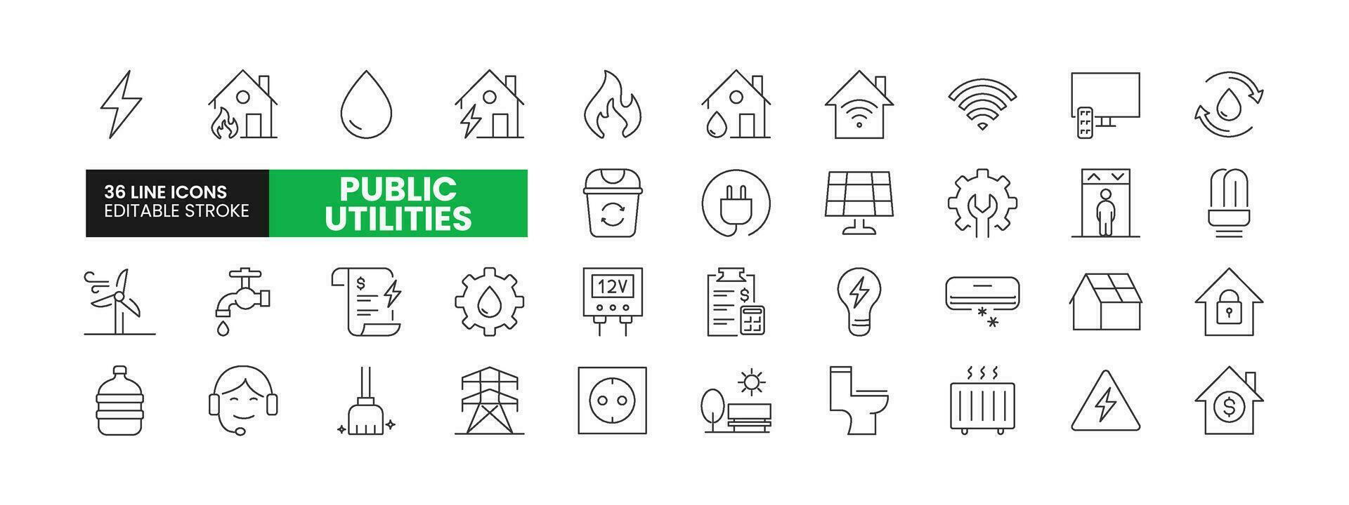 Set of 36 Public Utilities line icons set. Public Utilities outline icons with editable stroke collection. Includes Water, Fuel, Electricity, Solar House, Maintainence, and More. vector