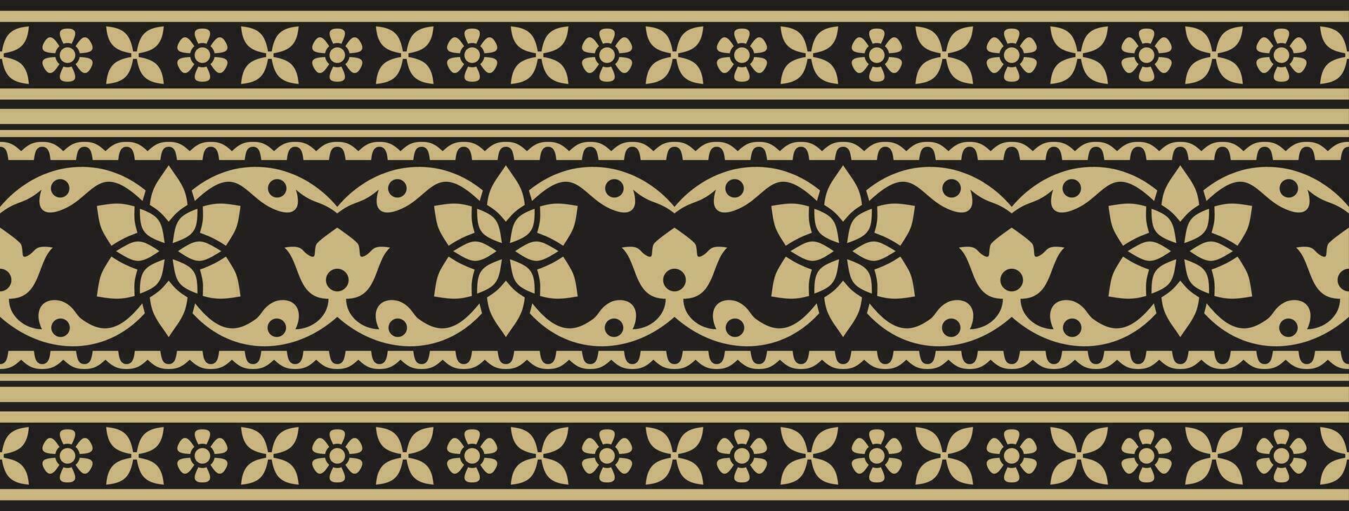 Vector seamless gold and black Indian national ornament. Ethnic endless plant border. Flowers frame. Poppies and leaves