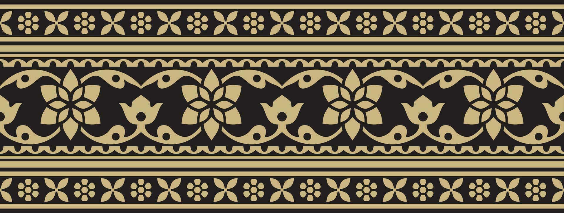 Vector seamless gold and black Indian national ornament. Ethnic endless plant border. Flowers frame. Poppies and leaves