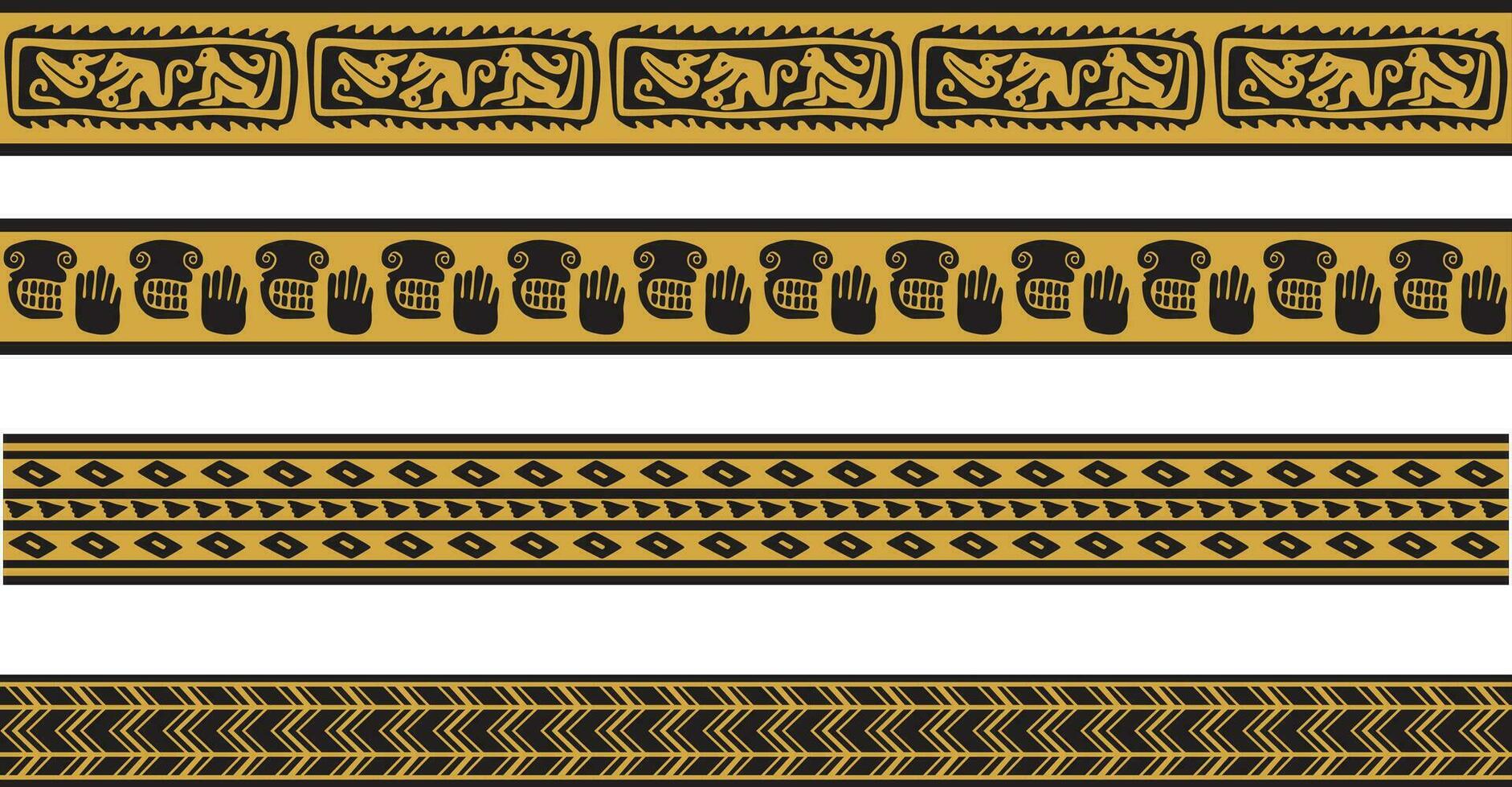 Vector set of gold and black native american ornamental seamless borders. Framework of the peoples of America, Aztecs, Maya, Incas.