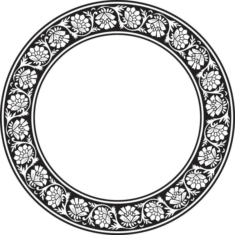 Vector round monochrome black Indian national ornament. Ethnic plant circle, border. Frame, flower ring. Poppies and leaves