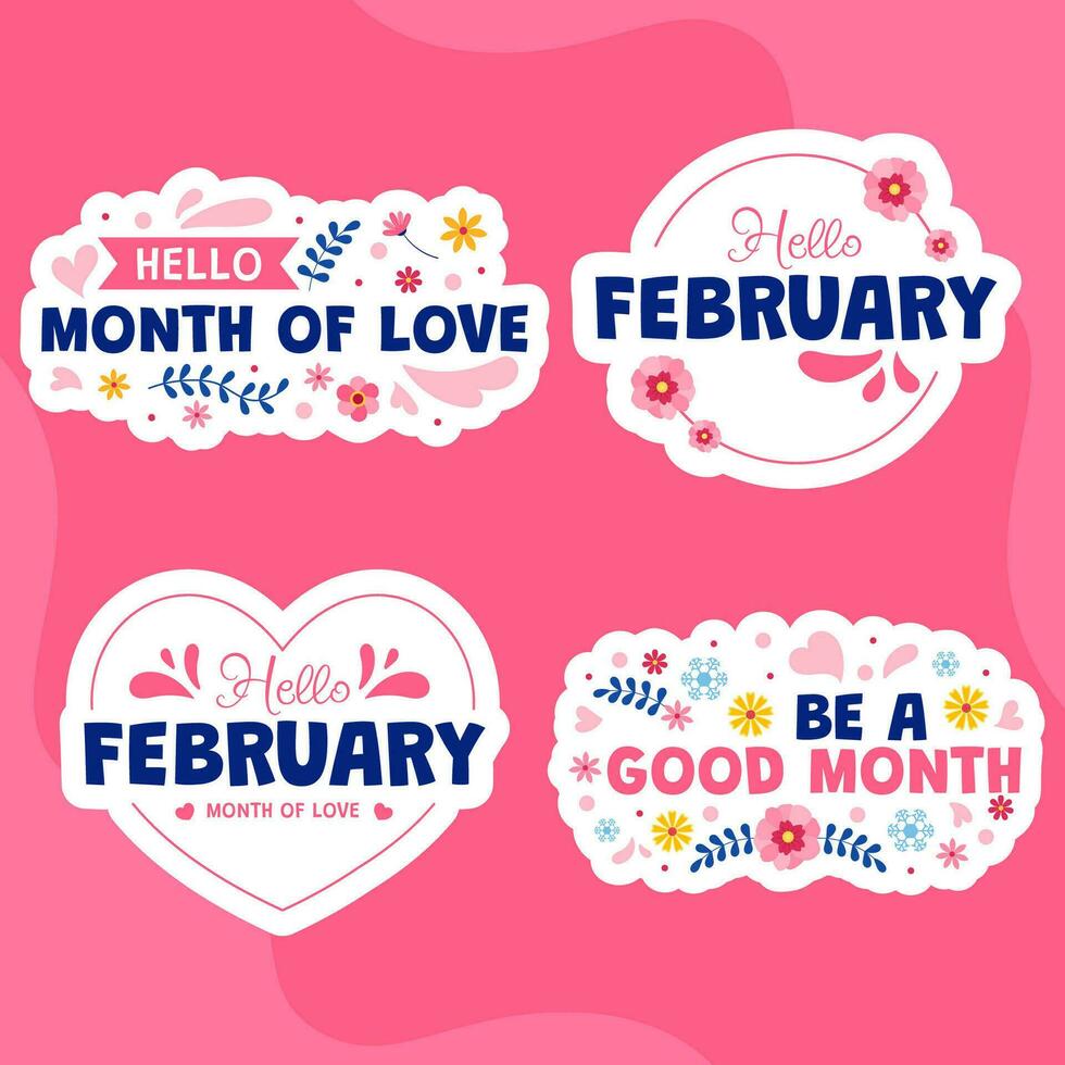 Hello February Label Flat Cartoon Hand Drawn Templates Background Illustration vector