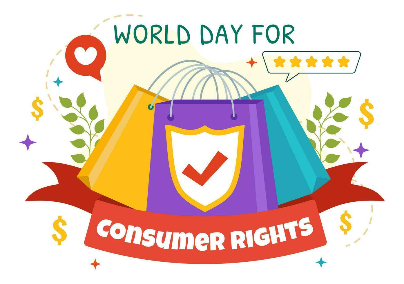 World Consumer Rights Day Vector Illustration on 15 March with Shopping Bags to be Respected and Protected in Flat Cartoon Background