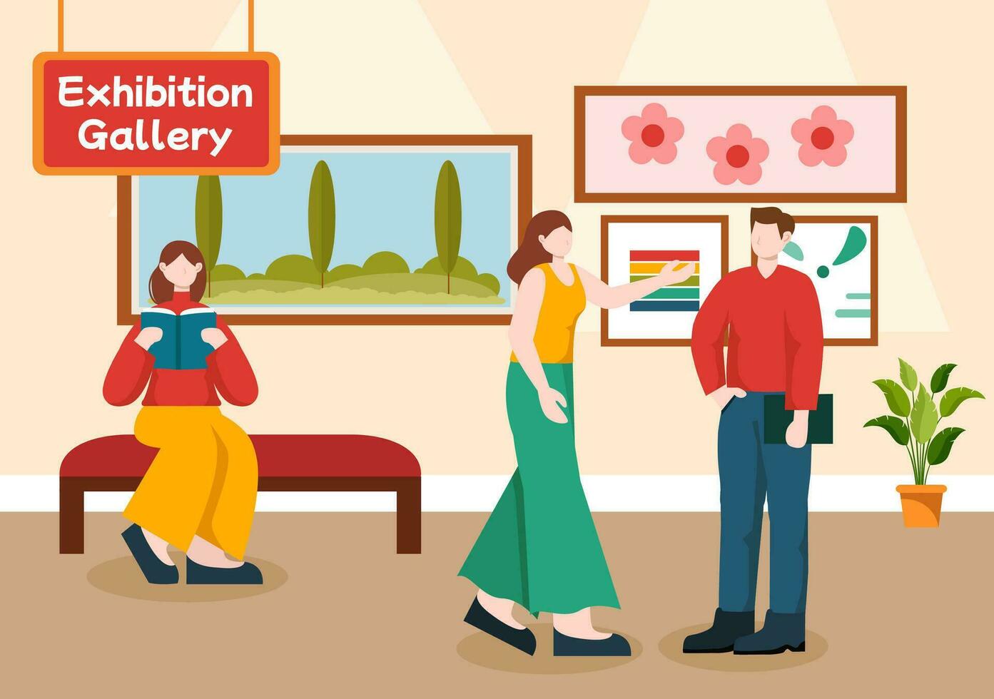 exposición visitantes visita un galería con moderno resumen pintura a contemporáneo en exposición salón en plano dibujos animados antecedentes vector ilustración