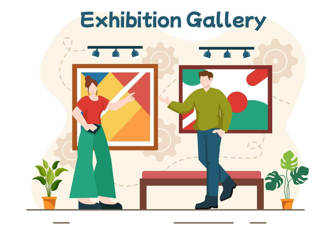Exhibition Visitors Viewing a Gallery with Modern Abstract Painting at Contemporary in Exposition Hall in Flat Cartoon Background Vector Illustration