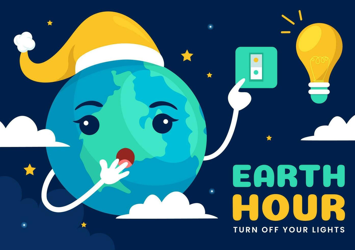 Happy Earth Hour Day Vector Illustration with Cloud, Light bulb, World Map and Time to Turn Off in Flat Cartoon Background Design