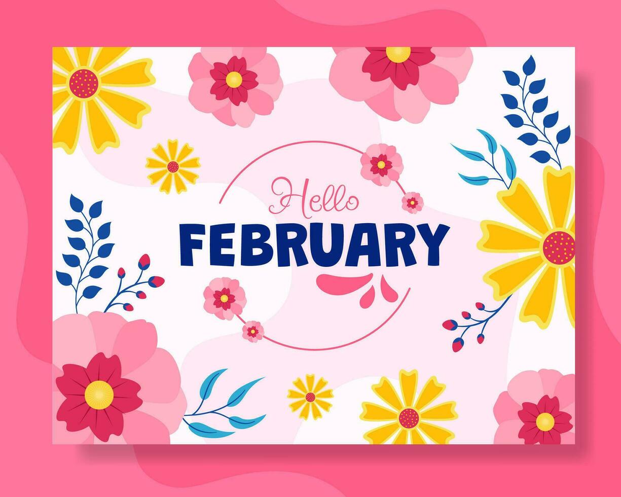 Hello February Social Media Illustration Flat Cartoon Hand Drawn Templates Background vector