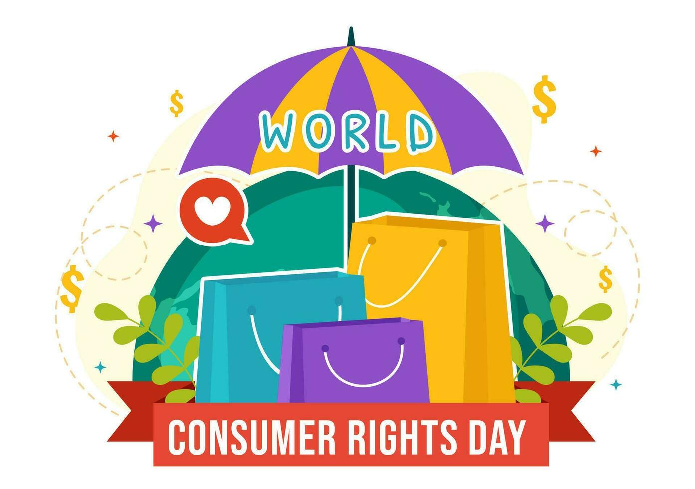 mundo consumidor derechos día vector ilustración en 15 marzo con compras pantalones a ser respetado y protegido en plano dibujos animados antecedentes