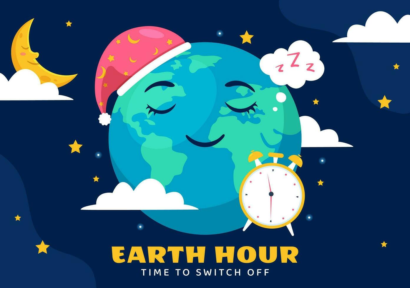 Happy Earth Hour Day Vector Illustration with Cloud, Light bulb, World Map and Time to Turn Off in Flat Cartoon Background Design