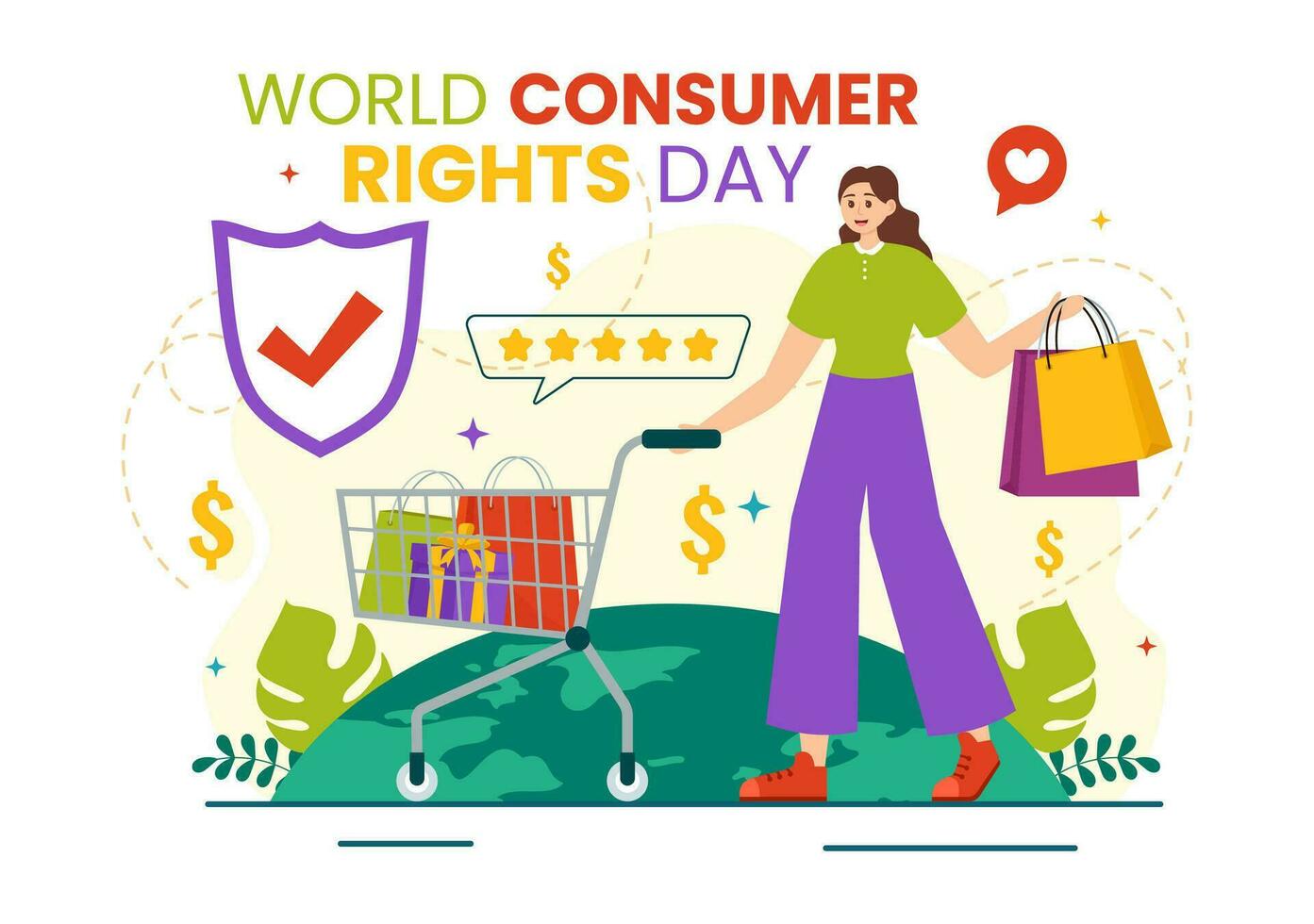 mundo consumidor derechos día vector ilustración en 15 marzo con compras pantalones a ser respetado y protegido en plano dibujos animados antecedentes