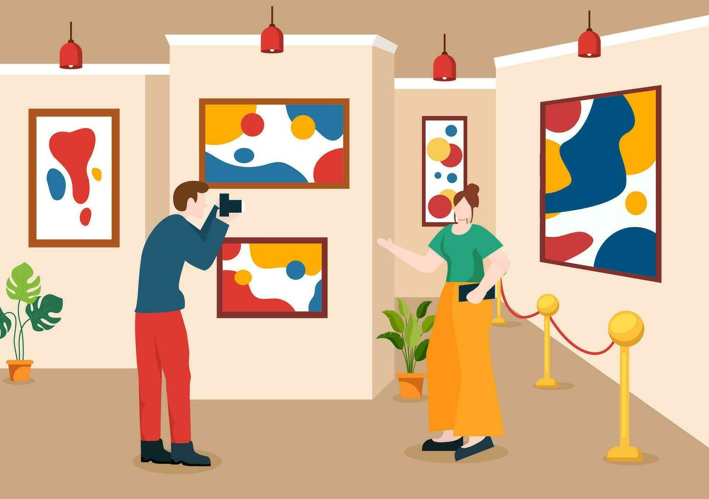 Exhibition Visitors Viewing a Gallery with Modern Abstract Painting at Contemporary in Exposition Hall in Flat Cartoon Background Vector Illustration