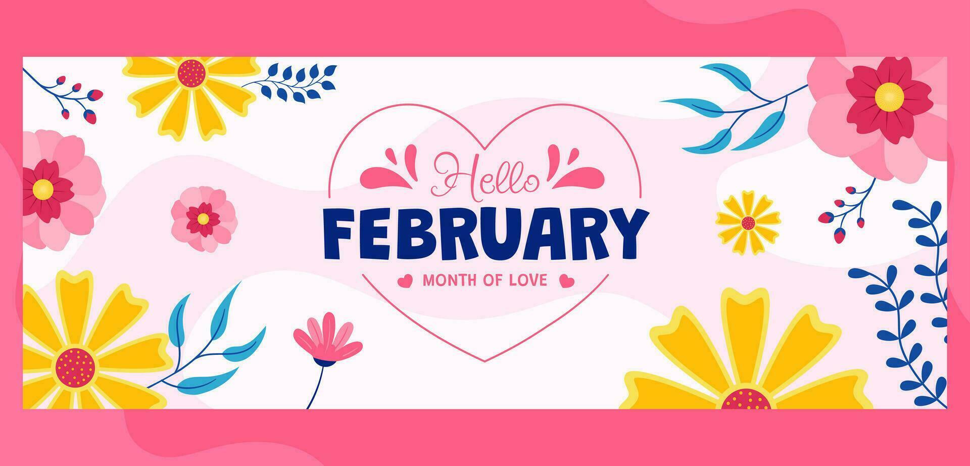 Hello February Cover Flat Cartoon Hand Drawn Templates Background Illustration vector