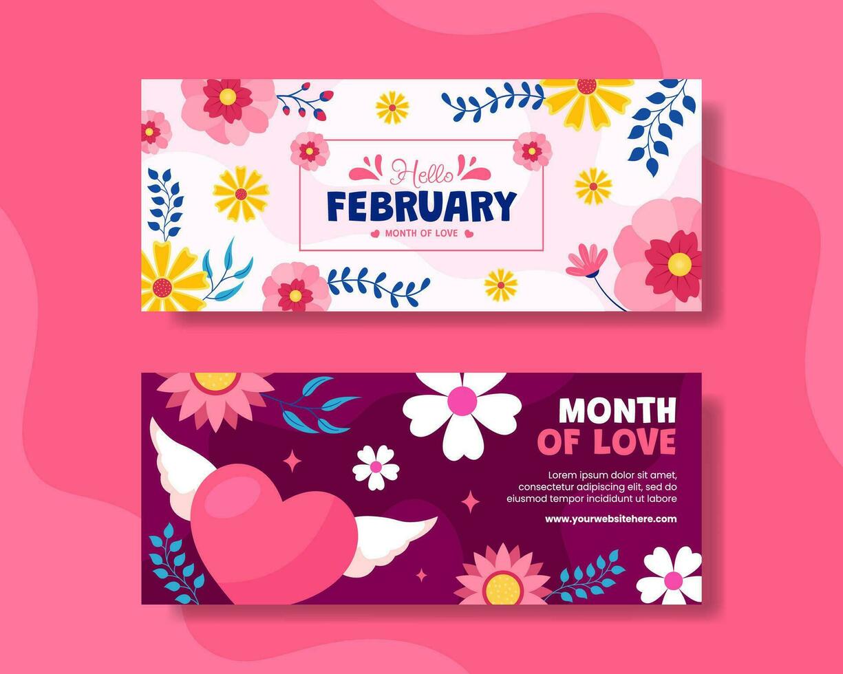 Hello February Horizontal Banner Flat Cartoon Hand Drawn Templates Background Illustration vector