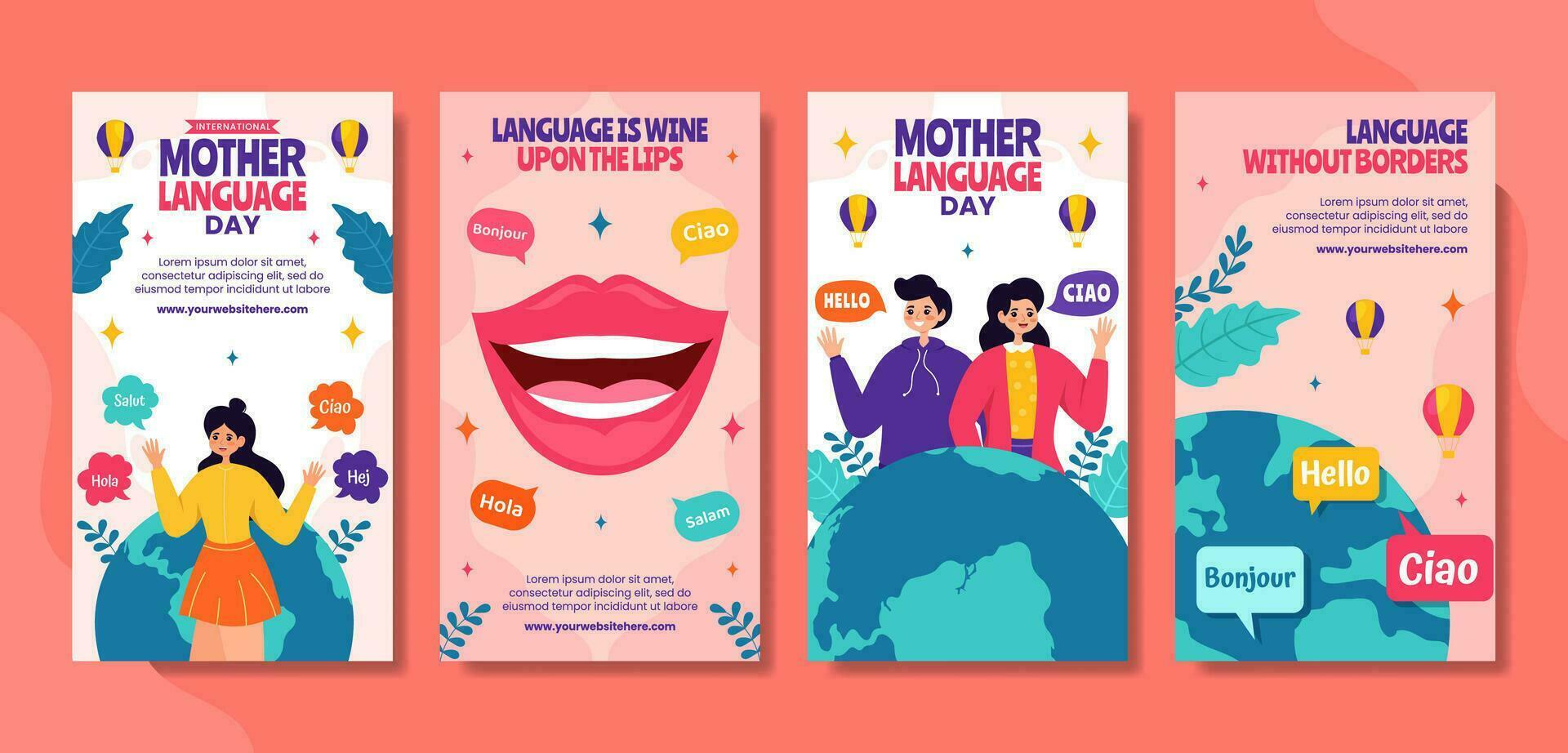 Mother Language Day Social Media Stories Flat Cartoon Hand Drawn Templates Background Illustration vector
