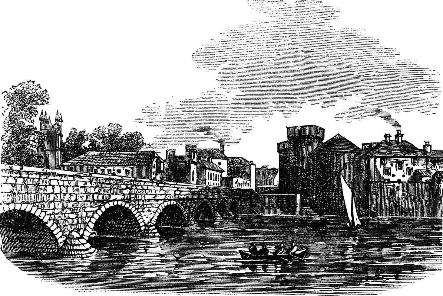 Thomond Bridge and King John's Castle, Limerick, Ireland vintage engraving vector
