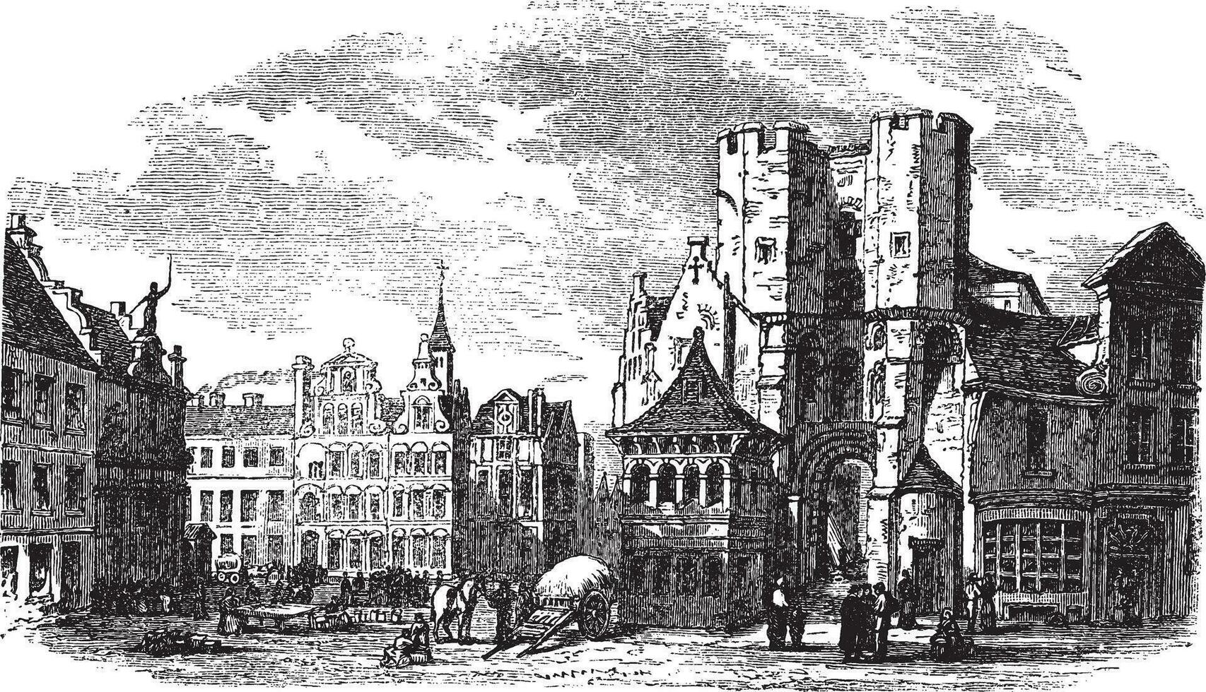 The holy place of Saint Pharailde and the old castle of Flanders in Ghent, Belgium vintage engraving vector