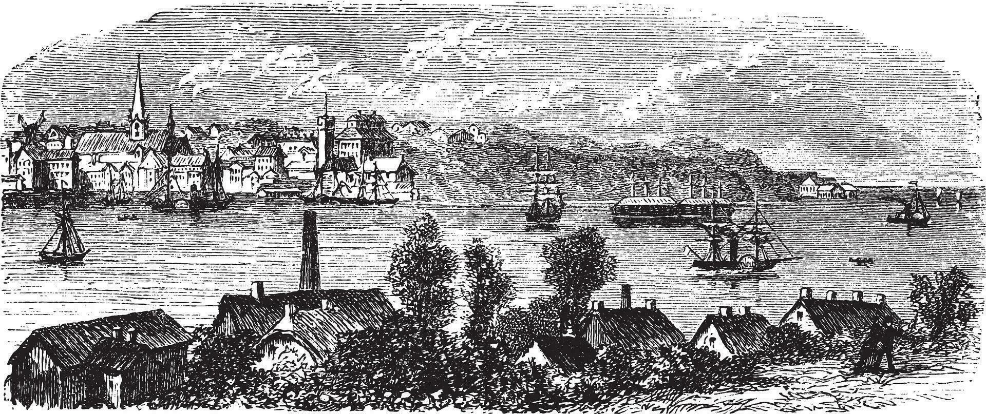 River, buildings and mountain at Kiel, Germany vintage engraving vector