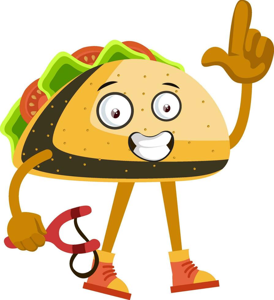 Taco with sling shot, illustration, vector on white background.