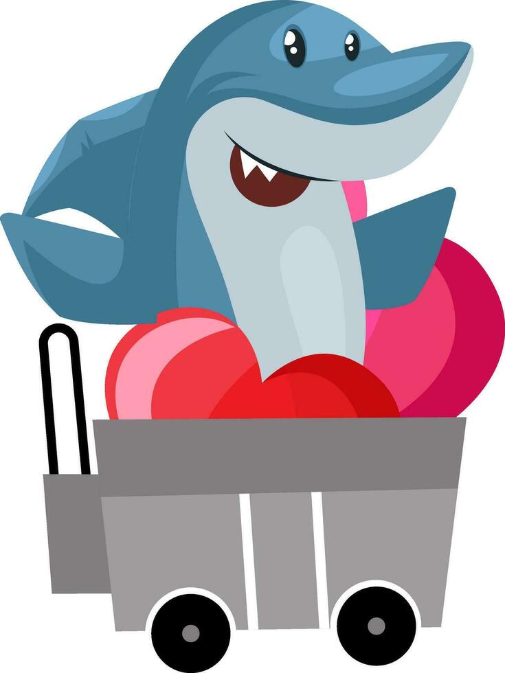 Tiburón en carrito de compras, ilustración, vector sobre fondo blanco.