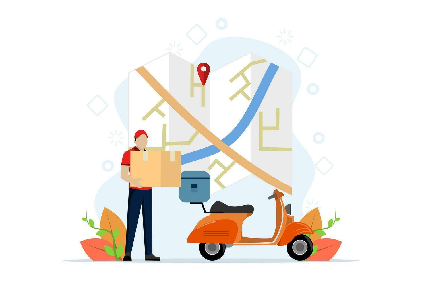 concepto de rápido entrega con scooter en móvil teléfono, orden parcelas en comercio electrónico con aplicación, mensajero rastreo con mapa aplicación, plano vector ilustración en blanco antecedentes.