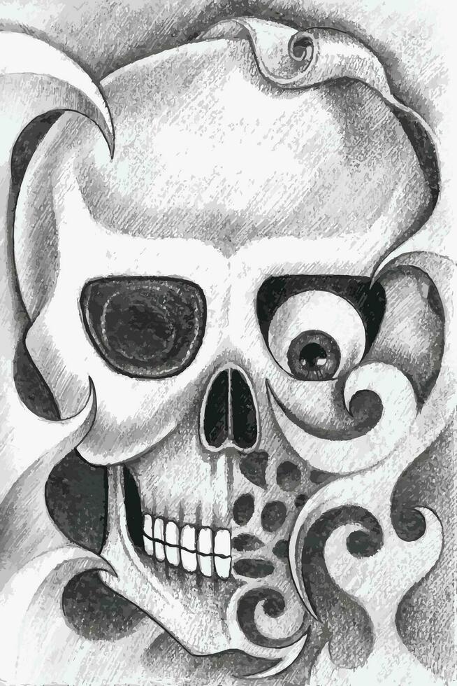 cráneo tatuaje diseño por mano dibujo en papel. vector