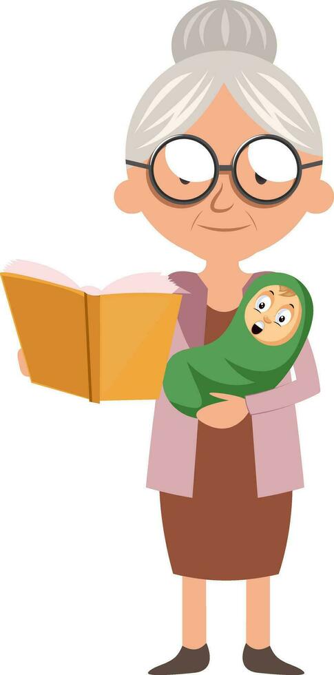 Granny with book, illustration, vector on white background.