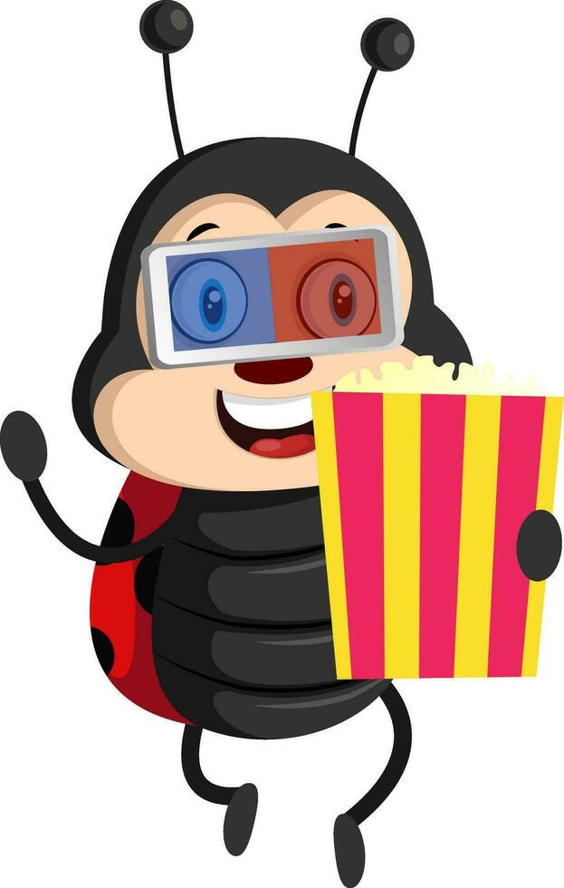 Lady bug with popcorn, illustration, vector on white background.